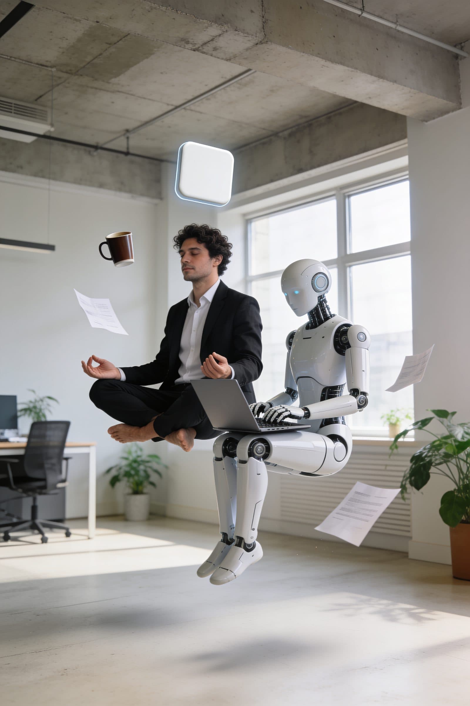 Een man en een robot zweven gewichtloos naast elkaar door een kantoor