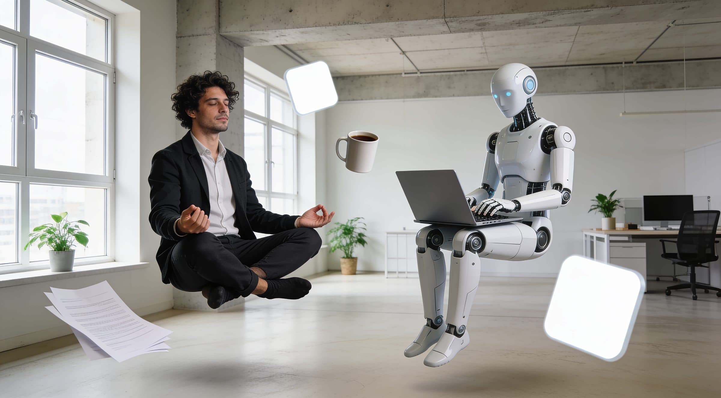 Een man en een robot zweven gewichtloos naast elkaar door een kantoor