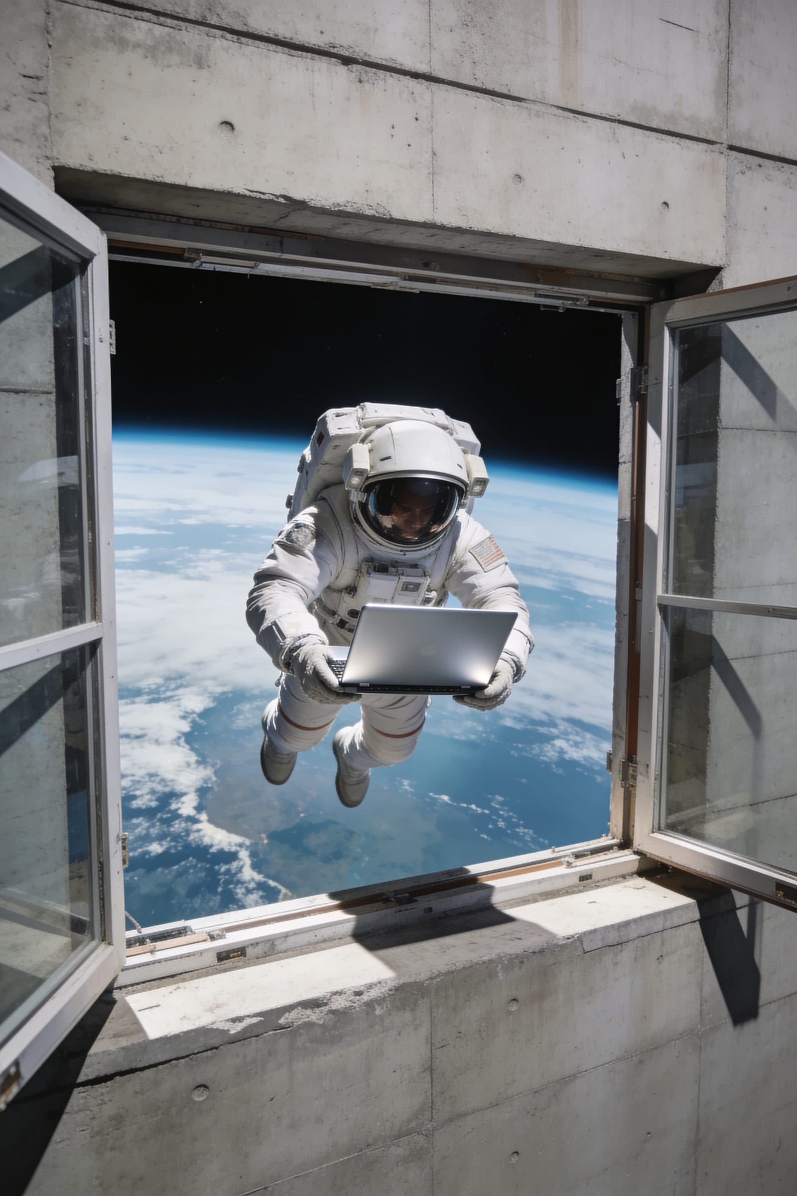 Een astronaut met een laptop zweeft boven de aarde