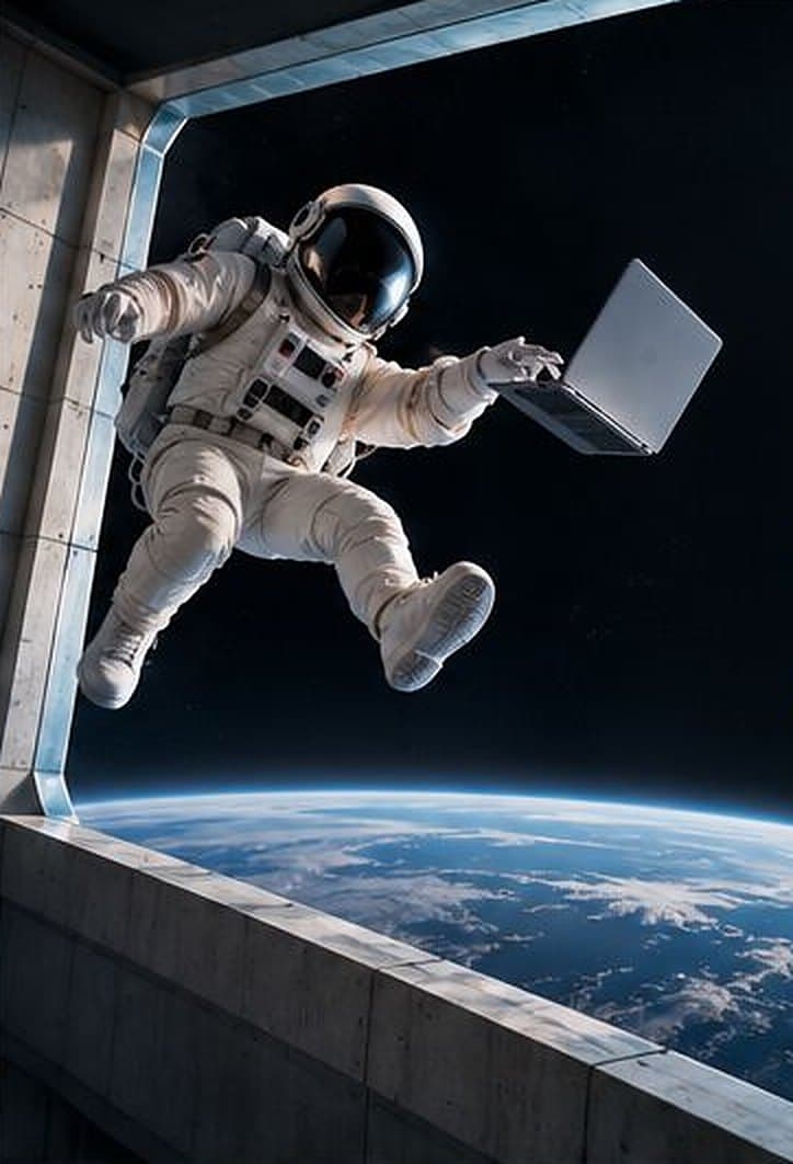 Een astronaut met een laptop zweeft boven de aarde