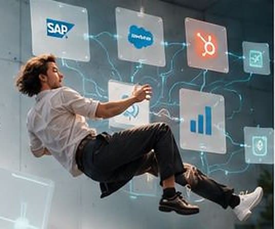 Een man zweeft tussen verbonden softwaresystemen
